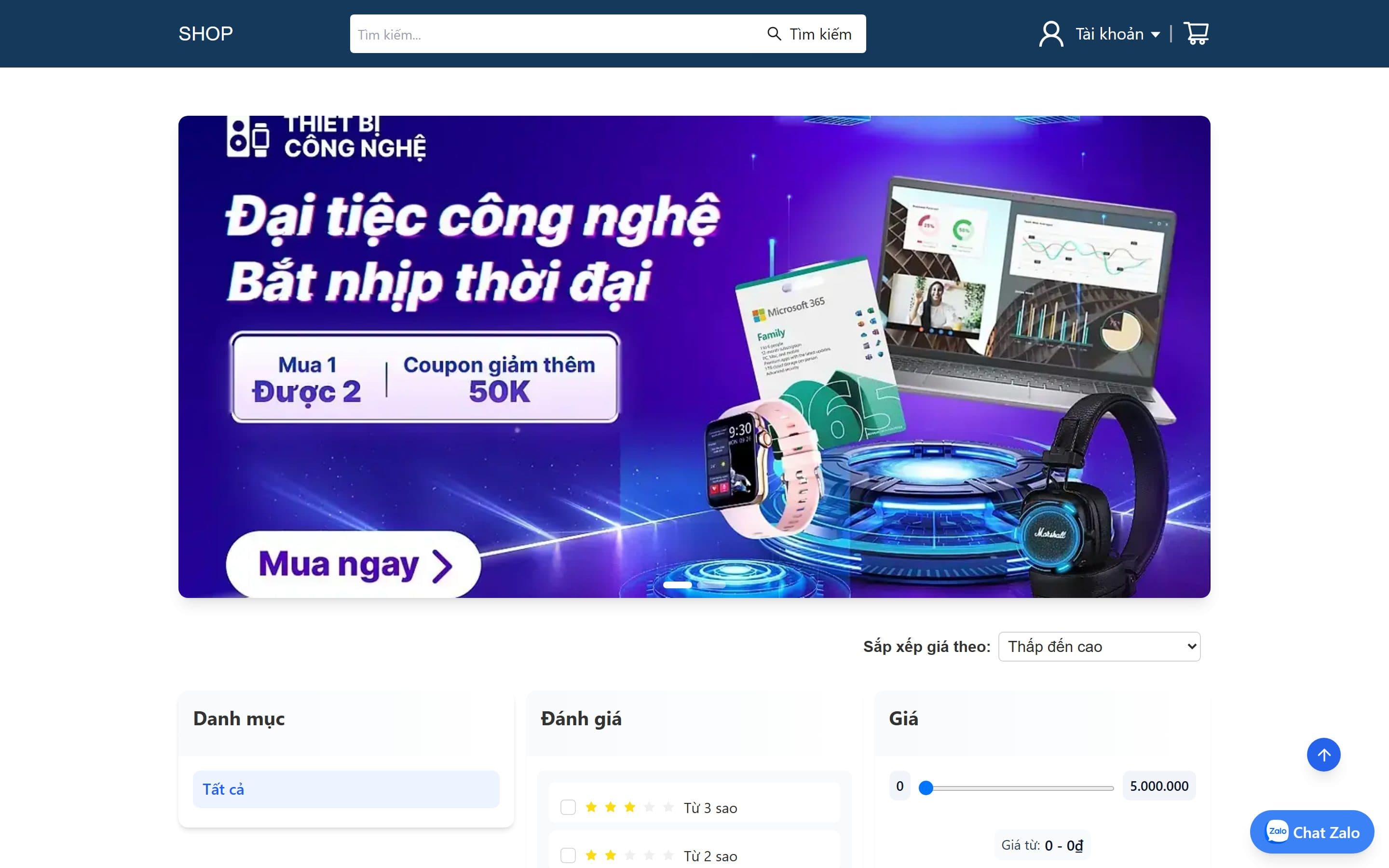 Storefront home page of the Ecommerce Website: search bar, promotional banner and category, rating and price filters.