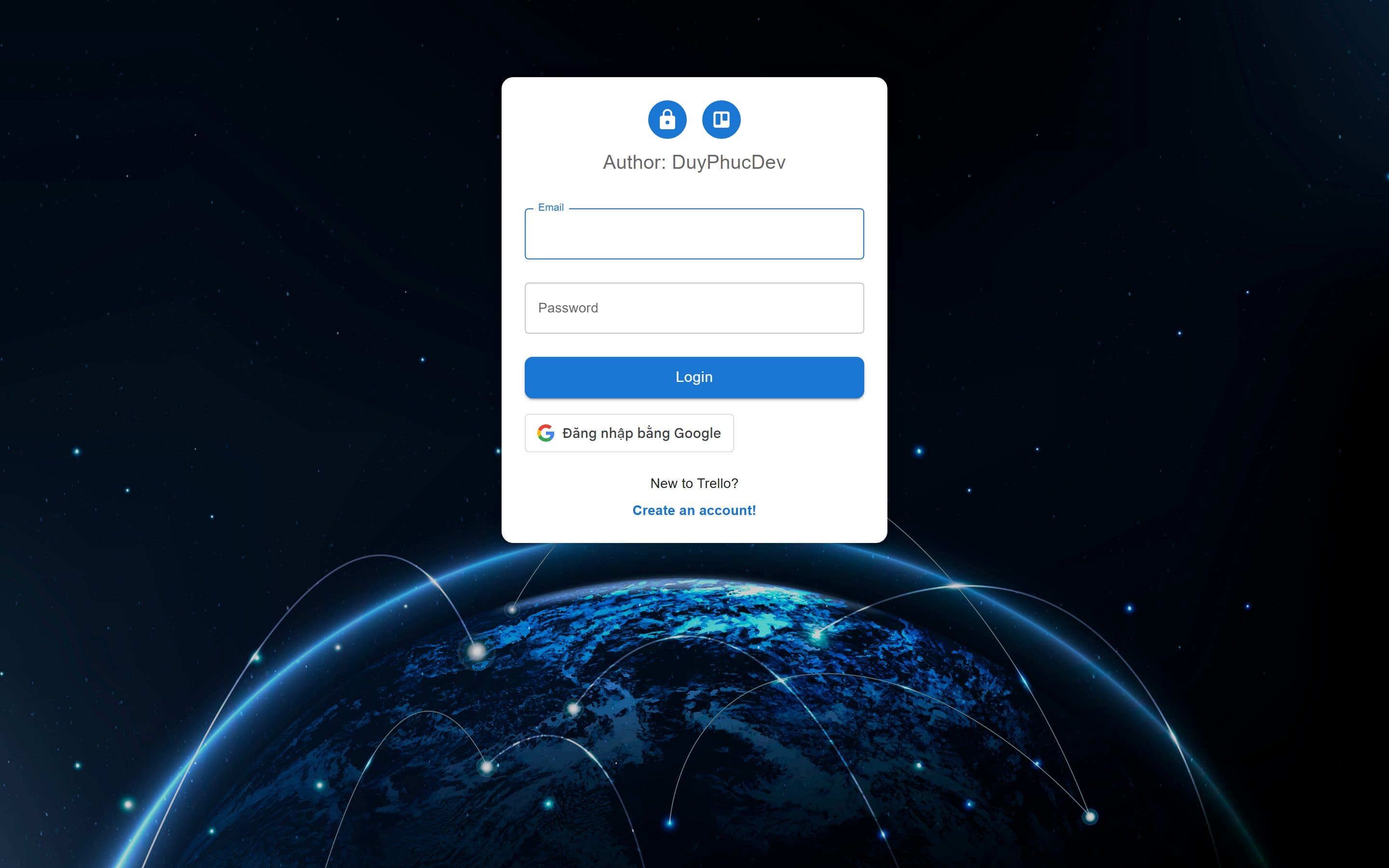 Sign-in screen of the React Trello Clone live demo, with email, password and Google sign-in.